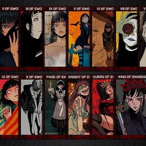 Puede incluir: Una baraja de tarot con ilustraciones de mujeres con espadas. Las cartas est&aacute;n dispuestas en una cuadr&iacute;cula, con el As de Espadas en la parte superior izquierda y el Rey de Espadas en la parte inferior derecha. Cada carta tiene un fondo negro con texto blanco.