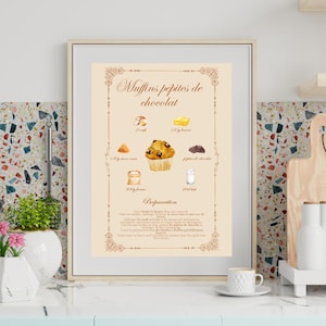 Manifesto illustrato con ricetta ad acquerello per muffin con gocce di cioccolato