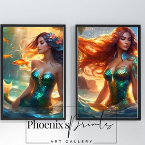 Set of 2 Mermaid Digital Art | Girls Room Decor | Fantasy Art