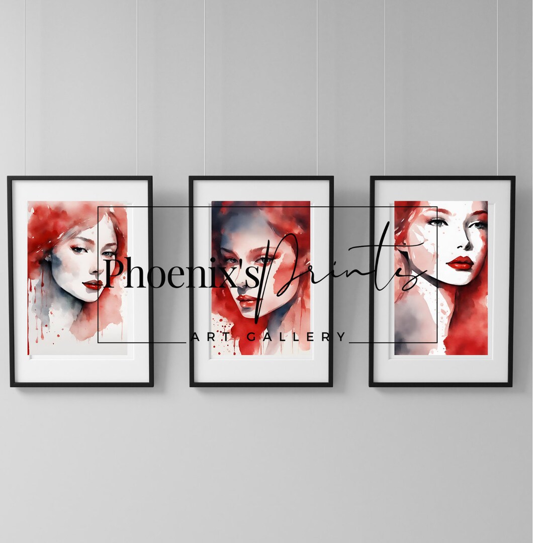 Set of 3 Red Women Digital Wall Art | Women Wall Art | Red Minamilist ...