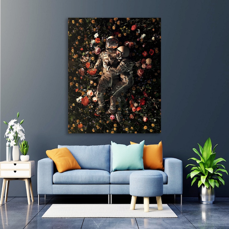 Couple d'astronautes de la Nasa, astronaute amoureux dans l'espace, fleurs et astronautes, amoureux des astronautes, affiche de science-fiction, amour dans l'espace, art moderne, impression de fleurs image 7