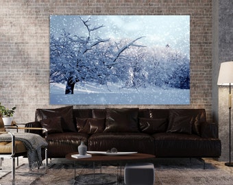 Art mural d'hiver, peinture de paysage enneigé, peinture d'arbres enneigés, décoration d'arbres de Noël, paysage d'hiver, art de l'hiver, décoration de vacances, cadeau de Noël