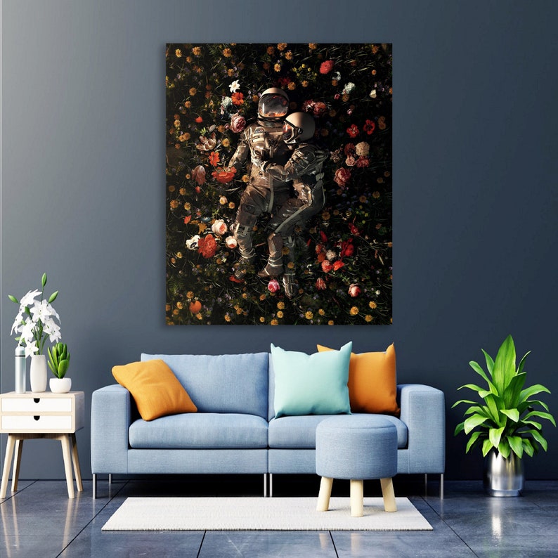 Couple d'astronautes de la Nasa, astronaute amoureux dans l'espace, fleurs et astronautes, amoureux des astronautes, affiche de science-fiction, amour dans l'espace, art moderne, impression de fleurs image 3