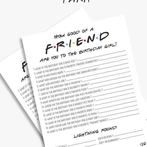 How well do you know the birthday girl, Friends Birthday party game, Boy & Girl version, fillable + printable, INSTANT DOWNLOAD