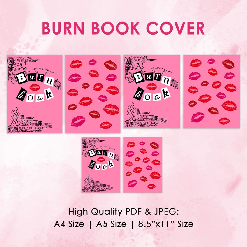 Puede incluir: Cinco portadas imprimibles para un "Burn Book" con fondo rosa y texto negro. El texto dice "Burn Book" y las portadas presentan labios rojos en diferentes disposiciones.