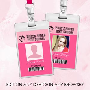 bearbeitbare vertikale ID-Abzeichen, North Shore High School Schülerabzeichen, Mean Girls-Themaparty, Canva, Photoshop, druckbar, INSTANT DOWNLOAD