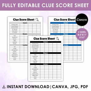 Modèle modifiable de feuille de remplacement indice de pointage, bricolage, carte de pointage indice, détective principal indice, toile, imprimable, téléchargement immédiat