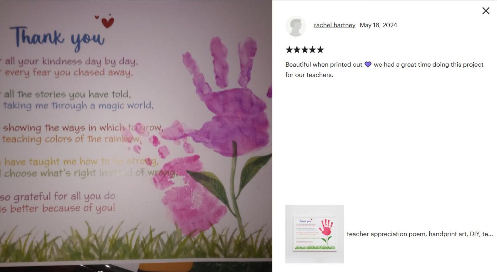 Teacher Appreciation Poem, Handprint Art, DIY, Teacher Thank You Gift ...