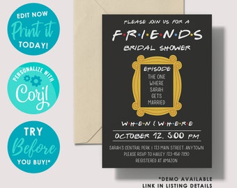 Bridal Shower Invitation Editable Template, Friends Theme Bridal Invite, personalized, black color, printable, Instant Download