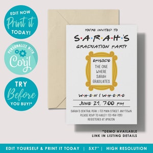 Freunde Abschlussfeier Einladung bearbeitbare Vorlage, Freunde Thema Grad einladen, personalisiert, weiße Farbe, printable, Instant Download