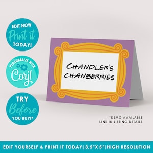 Etiquetas de comida con temática de amigos editables, tarjetas de lugar/buffet, personalizadas, tarjetas de carpa de comida, bricolaje, imprimibles, descarga instantánea