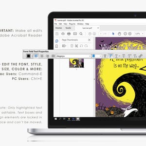 May include: A laptop displays a banner in Adobe Acrobat Reader. The banner features a design with a yellow moon, black swirling tree, and characters. Text on the screen reads "What's this?" and "A little nightmare is on the way..."
