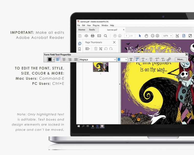 May include: A laptop displays a banner in Adobe Acrobat Reader. The banner features a design with a yellow moon, black swirling tree, and characters. Text on the screen reads "What's this?" and "A little nightmare is on the way..."