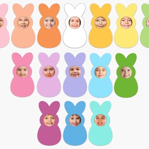 May include: A collection of colorful Easter bunny cutouts with children's faces visible in the center. The cutouts are in various pastel colors, including pink, orange, yellow, and green, creating a festive and playful design.
