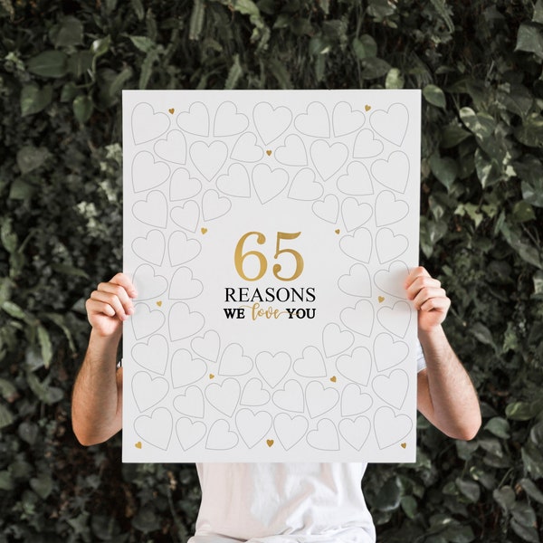 65 Reasons We Love You, 65th Birthday Decoration, Personalized, Sixty Bday gift, guest book, signature board, printable, Instant Download