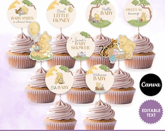 Editable Winnie The Pooh Cupcake Toppers, Classic Pooh Baby Shower DIY Decor, jpeg, png, pdf, Canva, printable, Instant Download