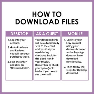 May include: An instructional graphic titled HOW TO DOWNLOAD FILES with three columns. The Desktop section lists logging into an account, visiting Purchases and Reviews, and clicking Download files. The Guest section explains email delivery. The Mobile section advises using a browser.