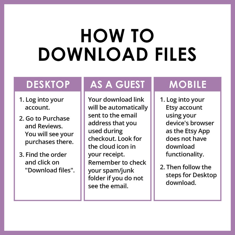 May include: An instructional graphic titled HOW TO DOWNLOAD FILES with three columns. The Desktop section lists logging into an account, visiting Purchases and Reviews, and clicking Download files. The Guest section explains email delivery. The Mobile section advises using a browser.