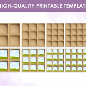 Könnte beinhalten: Eine digitale Vorlage mit verschiedenen Rasterlayouts. Die obere Reihe zeigt leere quadratische Kästchen, während die untere Reihe Kästchen mit Landschaftsbildern zeigt. Der Text oben lautet "HIGH-QUALITY PRINTABLE TEMPLATE."