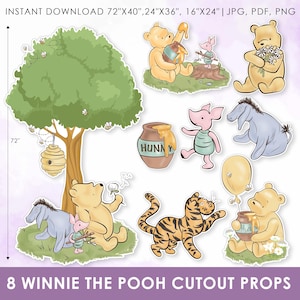 Może przedstawiać: Zestaw ośmiu wyciętych rekwizytów Kubusia Puchatka, w tym Kubuś Puchatek, Prosiaczek, Kłapouchy i Tygrysek, a także drzewo, słoik miodu i balon. Największy rekwizyt ma 183 cm wysokości. Obraz zawiera tekst "8 Winnie the Pooh Cutout Props."