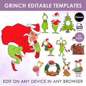 Könnte beinhalten: Eine Sammlung von editierbaren Vorlagen zum Thema Grinch. Die Vorlagen umfassen verschiedene Grinch-Charaktere, einen Weihnachtsbaum und einen Kranz. Der Text auf dem Bild lautet "GRINCH EDITABLE TEMPLATES" und "EDIT ON ANY DEVICE IN ANY BROWSER". Das Bild enthält auch die Canva- und PNG-Logos.