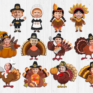 May include: A collection of Thanksgiving-themed cutouts featuring children's faces. The designs include pilgrims, Native Americans, turkeys, and a pumpkin. Each cutout has a child's face in the center, creating a festive and personalized look for the holiday.