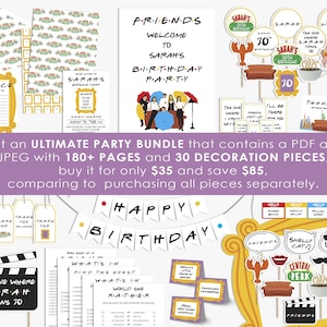 May include: A Friends-themed party bundle featuring printable decorations, invitations, and games. Includes a Happy Birthday banner, cupcake toppers, thank you cards, and signs with iconic imagery like the yellow frame, lobster, and couch.
