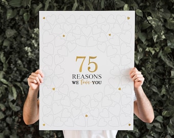 75 Reasons We Love You, 75th Birthday Decoration, Personalized, Seventy Five birthday, guest book, signature board, Instant Download