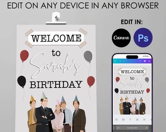 The Office theme Birthday Welcome Sign, editable, welcome poster, personalized, Canva, Photoshop, printable, INSTANT DOWNLOAD