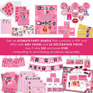 May include: A pink and black printable party pack with the text "Welcome to Sarah's 30th Birthday" and images of the characters from the movie Mean Girls. The pack includes a variety of items such as invitations, decorations, and games.