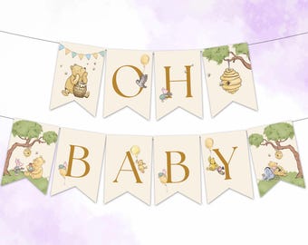 Winnie the Pooh Banner, Hanging Bunting Flags, Classic Pooh Bear Baby Shower Garland, Full Alphabet, Gender Neutral, Instant Download