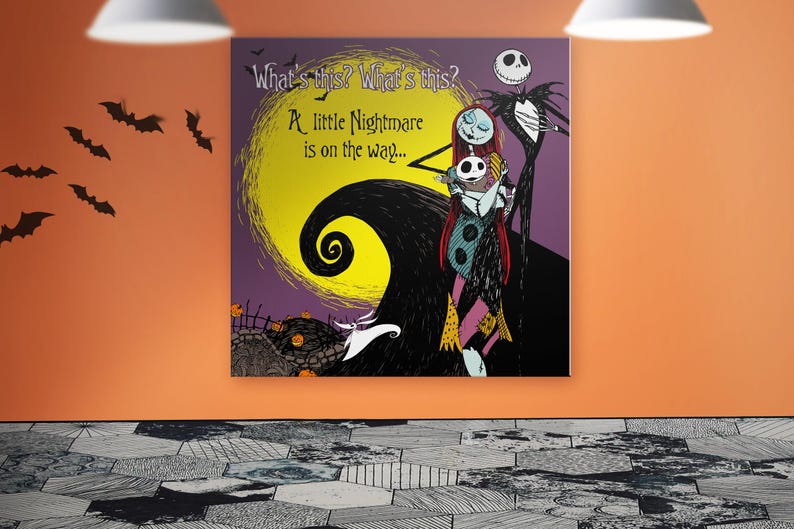 May include: Square canvas art featuring characters from "The Nightmare Before Christmas." The artwork includes Jack Skellington, Sally, and Zero, set against a swirling black hill and a yellow moon. Text reads "What's this? A little Nightmare is on the way..."