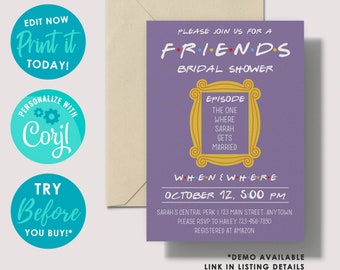 Editable Friends Bridal Shower Invitation Template, Friends Theme Bridal Invite, personalized, purple color, printable, Instant Download