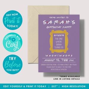 Plantilla de invitación de cumpleaños editable para amigos, invitación de cumpleaños con temática de amigos, personalizada, color morado, imprimible, descarga instantánea