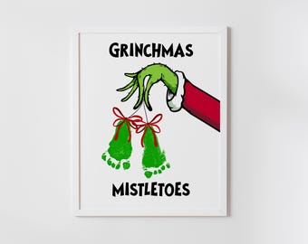 Christmas Footprint Art, crafts for kids, mistletoes, fun holiday handprint craft, keepsake, DIY, printable, Instant Download