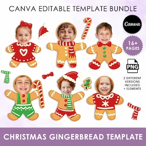 May include: A Canva editable template bundle featuring gingerbread people with children's faces, along with candy canes, hats, and scarves. The template includes 16+ pages and is available in PNG format. The text on the image says "Christmas Gingerbread Template".