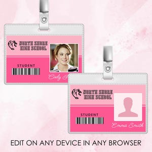 editierbare horizontale ID Badges, North Shore High School Schülerabzeichen, Mean Girls Theme Party, Canva, Photoshop, printable, INSTANT DOWNLOAD
