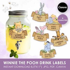 May include: A glass drink dispenser filled with yellow liquid and mint, with a Winnie the Pooh themed label that says "Winnie Lemonade". Six additional labels feature characters and drink names like "Sweet Tea" and "Pooh's Punch".