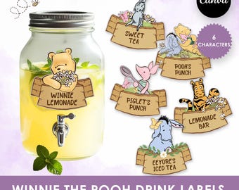 Winnie the Pooh Drink Labels for Baby Shower | Birthday Decorations, Pooh’s Punch, Classic Pooh Bear Party Decor, printable, Canva, Editable