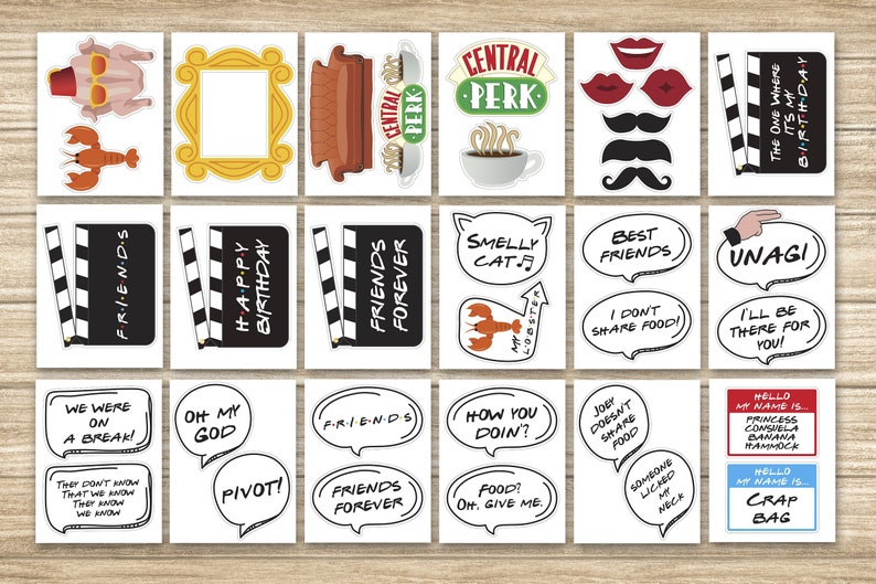 May include: A collection of die-cut stickers featuring iconic imagery and quotes from the television show Friends, including a turkey with sunglasses, a yellow picture frame, a brown sofa, Central Perk logos, mustaches, lips, and clapperboards.