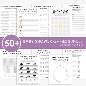 May include: A set of printable baby shower games featuring a Friends theme. The games include "Celebrity Baby Names", "Baby Emoji Pictionary", "Baby Shower Feud", "Baby Bingo", "Who Knows My Best", "Baby Word Search", "Baby Name Game", "Would She Rather", "Who Gave Me My Looks", and "Baby Language Game".