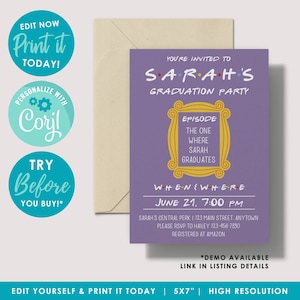Bearbeitbare Freunde Graduierung Einladung Vorlage, Freunde Thema Grad einladen, personalisiert, lila Farbe, printable, Instant Download