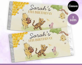 Winnie the Pooh Chocolate Bar Wrapper for Birthday Decorations, 1st Birthday Favors, Classic Pooh Bear Candy Bar, printable, Canva, Editable