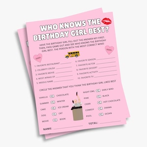 May include: Two pink sheets of paper with the text "WHO KNOWS THE BIRTHDAY GIRL BEST?" and fill-in-the-blank questions. Includes a yellow school bus graphic and a red lipstick kiss graphic. The game is for a birthday party.