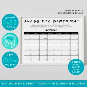 Jeu de calendrier affiche la date d'échéance, baby shower sur le thème des amis, modifiable, devinez la date d'arrivée du bébé, bricolage, imprimable, téléchargement immédiat