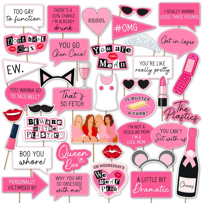 May include: Pink and black photo booth props with text from the movie Mean Girls.  The props include phrases like "You go Glen Coco!" and "That's so fetch!" as well as images of lips, sunglasses, and a cat.