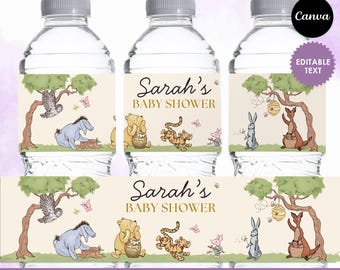 Winnie the Pooh Water Bottle Label for Baby Shower Personalized Decor, Classic Pooh Bear Party, Water Wrapper, printable, Canva, Editable