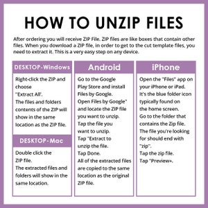 May include: An instructional graphic titled HOW TO UNZIP FILES with a white background and light purple borders. It provides step-by-step text directions for extracting ZIP files on Windows, Mac, Android, and iPhone devices in a clear layout.