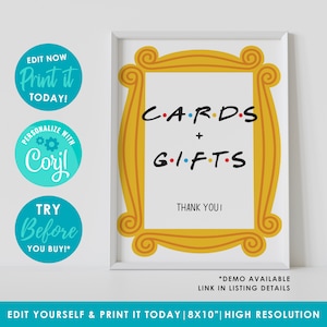 Bearbeitbares Karten- und Geschenkschild, Freunde-Themaparty, bedruckbar, sofortiger Download