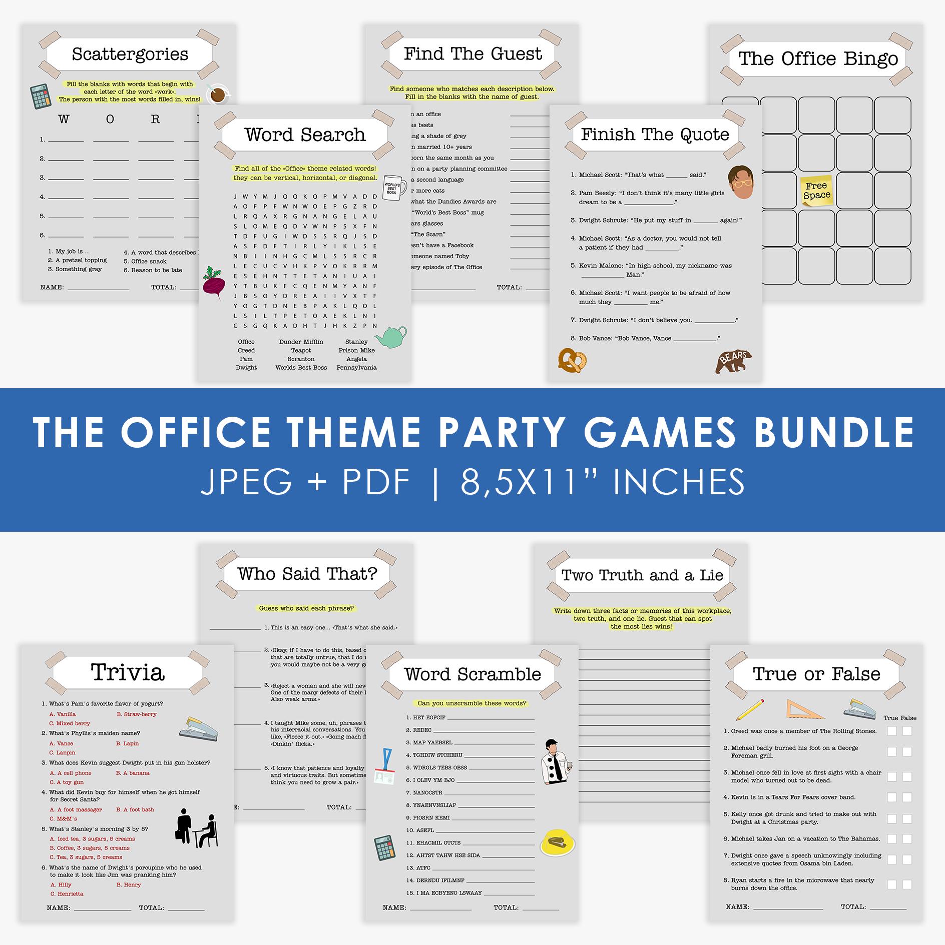 The Office theme party games, Bundle, Quiz game, office birthday | baby shower game, office theme activity, printable, Instant Download